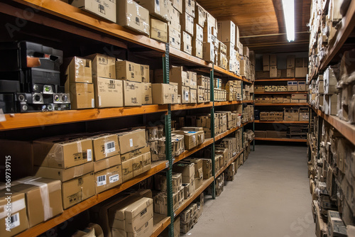 well organized warehouse with rows of shelves stocked with cardboard boxes