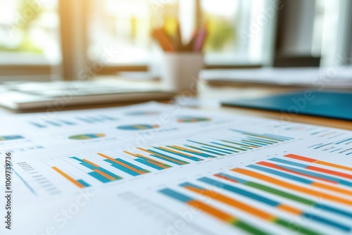 Financial strategy documents on a desk with colorful graphs analyzing cost efficiency, clean office environment