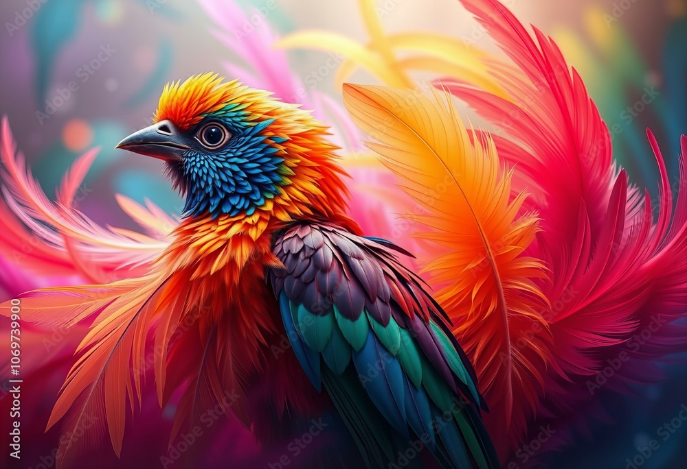 Picture Showing Colorful bird feathers in an abstract fantasy setting.