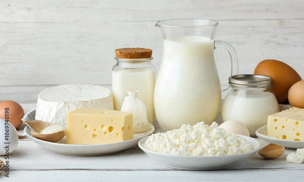Dairy products on a table on a white background Dairy products on a table on a white background