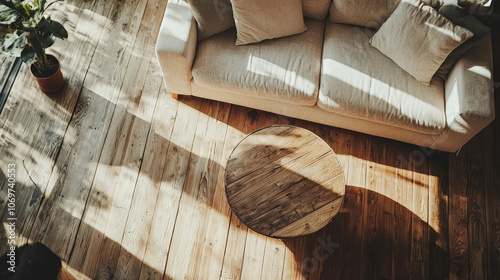 Minimalist interior design of modern bright and airy living room with a white sofa and wooden accents. Large abstract art and natural light bring warmth and elegance to the minimal decor.