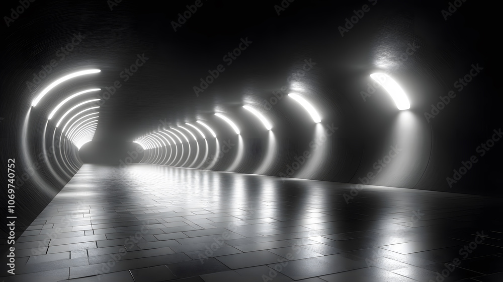 A dimly lit tunnel with circular light fixtures reflecting on a wet floor, creating an eerie and atmospheric environment.