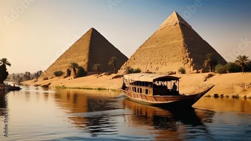 A boat traveling down a river with the pyramids in the background