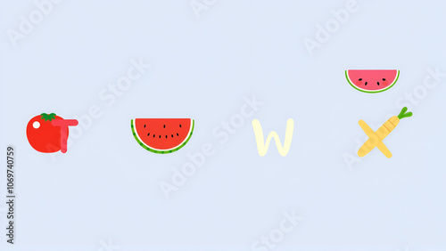 Colorful alphabet flashcard Letters S T U V W X Y Z - sushi tomato upside-down cake vinegar watermelon ximenia yam zucchini. photo