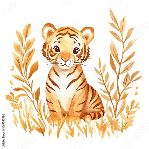 Watercolor Illustration of a Cute Tiger Cub Surrounded by Leaves.