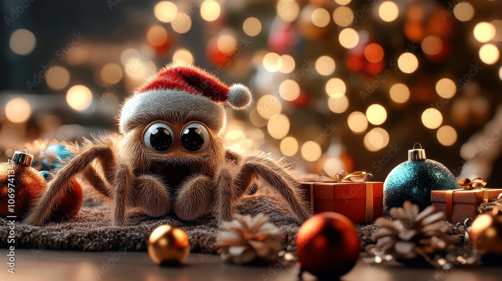 cute 3D rendered tarantula wearing tiny Santa hat, festive scene cute 3D rendered tarantula wearing tiny Santa hat, festive scene