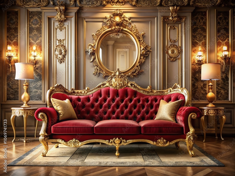 Fototapeta premium Elegant Contrast of a Crimson Sofa Set Against a Gold-Trimmed Art Deco Interior in Long Exposure, Showcasing Luxurious Textures and Rich Colors for Stunning Visual Appeal