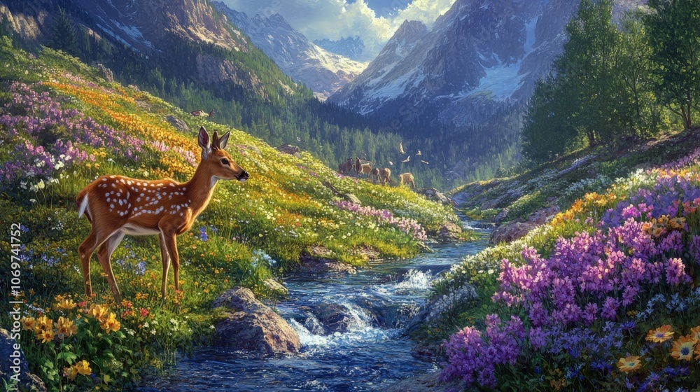 Obraz premium A mountain stream flowing through a meadow filled with wildflowers, where a deer drinks from the water