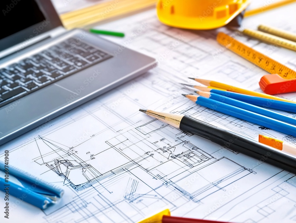 Architect's Blueprint with Tools and Laptop. Architect's Blueprint with Tools and Laptop.