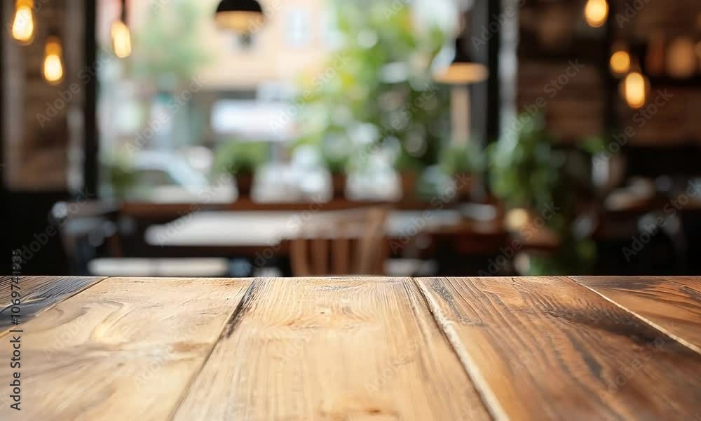 Wooden table in a restaurant, table and chairs in the background Wooden table in a restaurant, table and chairs in the background