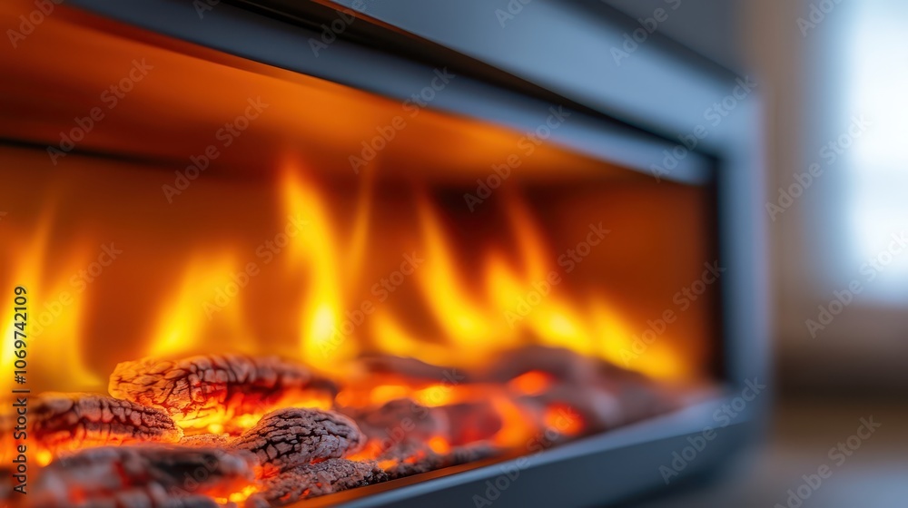 Cozy fireplace with burning fire, warm and inviting ambiance for cold winter nights Cozy fireplace with burning fire, warm and inviting ambiance for cold winter nights