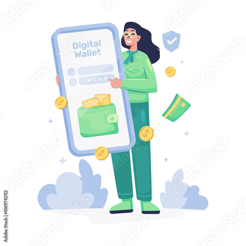 A girl holds a mobile phone with a digital wallet application vector illustration