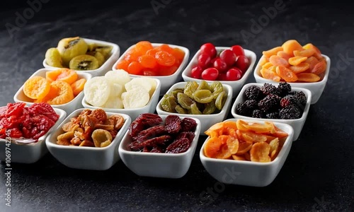 Various dried fruits in each white bowl on a dark background photo