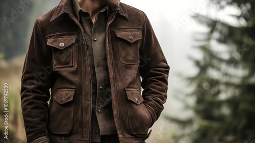 Men's suede jacket, deep brown tone, rugged outdoor setting with subtle natural lighting 