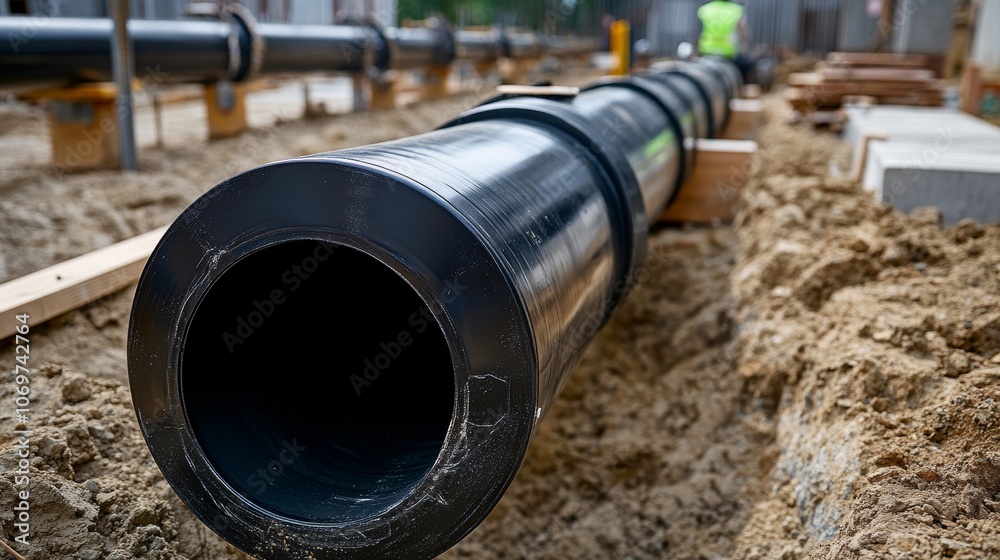 Large industrial black plastic polypropylene modern sanitary pipe on the construction site for laying water pipes construction and reconstruction of buildings and houses Large industrial black plastic polypropylene modern sanitary pipe on the construction site for laying water pipes construction and reconstruction of buildings and houses