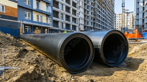 Large industrial black plastic polypropylene modern sanitary pipe on the construction site for laying water pipes construction and reconstruction of buildings and houses photo