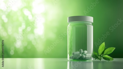 Wallpaper Mural A captivating closeup, glass jar filled with pills and vibrant green leaf, representing holistic approach to wellness Torontodigital.ca