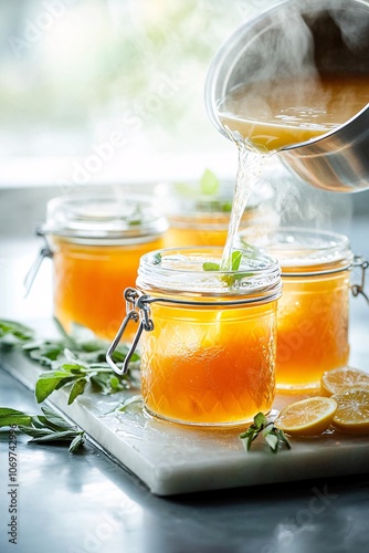 Pouring Hot Homemade Lemonade into Glass Jars.