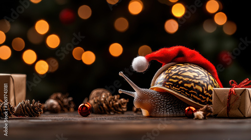 small adorable snail with Santa hat on festive background photo