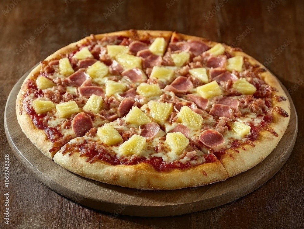 Delicious Hawaiian Pizza on Table Delicious Hawaiian Pizza on Table