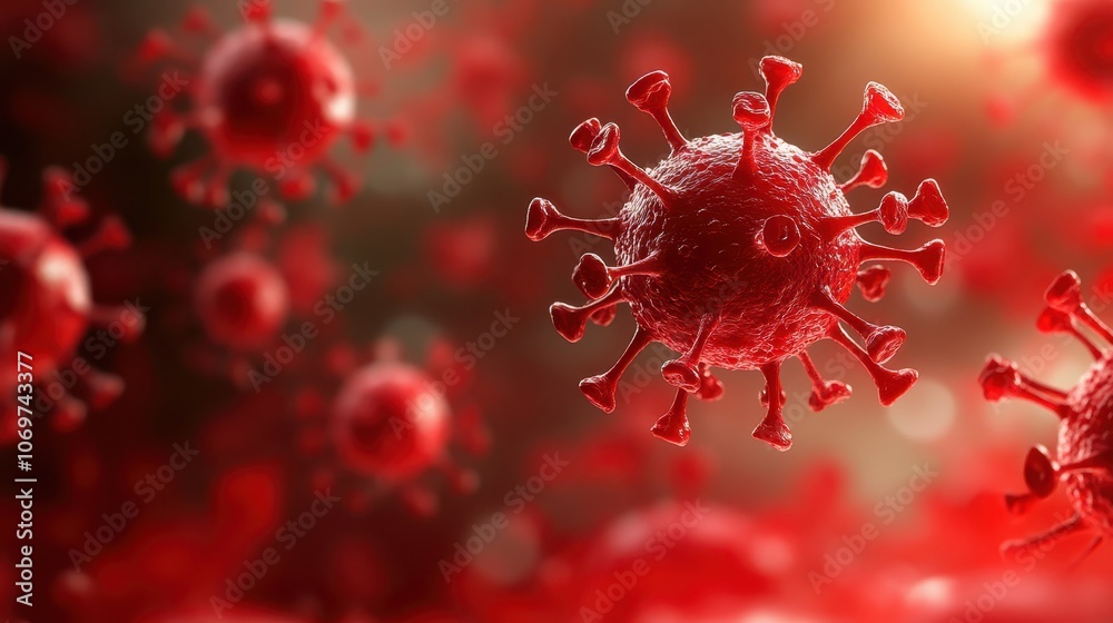 Detailed microscopic view of multiple corona virus particles, exploring the complex structure and biological characteristics of coronavirus