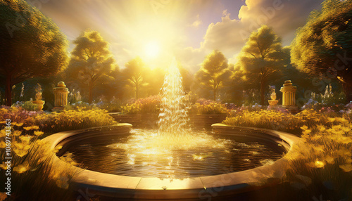 噴水 虹と空 森 雲 晴れ 公園 TRPG背景素材