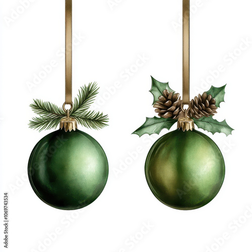 Green festive ornaments with pinecones and greenery create classic holiday feel. elegant design features lush green hues and natural elements, perfect for seasonal decoration