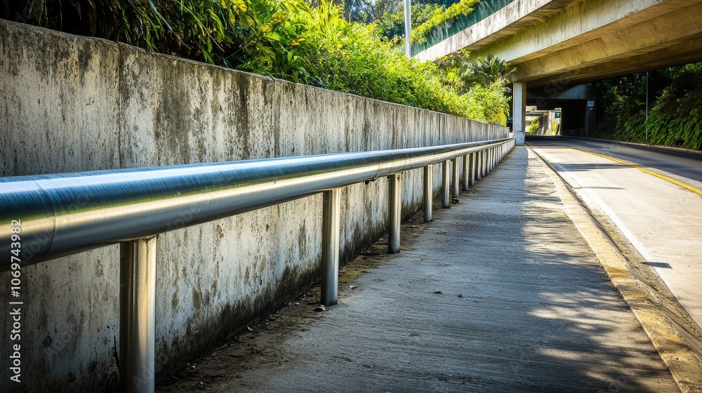 Fototapeta premium Metallic guardrail on sidewalk Concrete wall of an underpass with vegetation at top on behind and two lane road in front Background for copy space