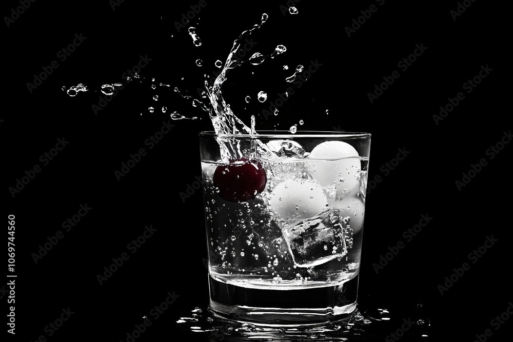 Cherry dropping into glass of water with ice cubes creating splash on black background Cherry dropping into glass of water with ice cubes creating splash on black background