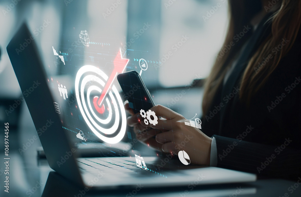 Business person analyzes data to identify customer target groups ...