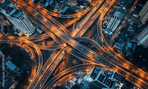 
Aerial view of the bustling city at night, with busy highway intershared in light trails and traffic lights. The composition includes an overhead shot capturing multiple roads 