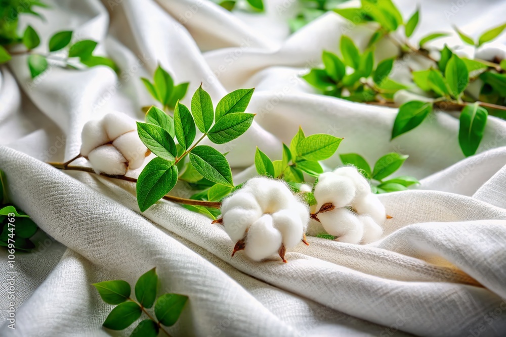 Elegant White Natural Rough Cotton Fabric Intertwined with Lush Green Leaves, Perfect for Textiles, Eco-Friendly Design, and Sustainable Fashion Photography Elegant White Natural Rough Cotton Fabric Intertwined with Lush Green Leaves, Perfect for Textiles, Eco-Friendly Design, and Sustainable Fashion Photography