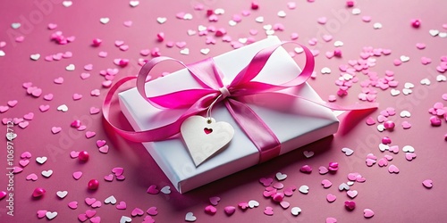 Elegant White Gift Tag with Pink Ribbon on Soft Pink Background Adorned with Heart Shaped Confetti for Special Occasions and Celebrations