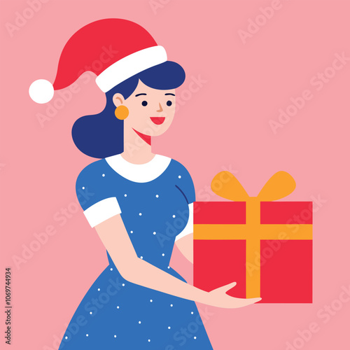 a young woman holding a large red gift box with a yellow ribbon tied around it. vector art illustration