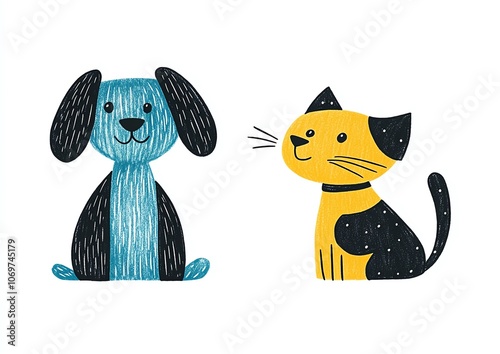 Adorable blue dog and playful yellow cat illustrate the joy of pet companionship in art