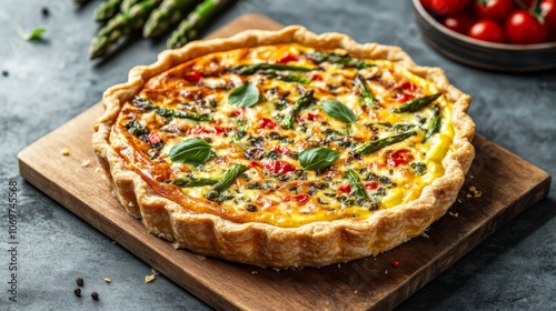 Whole savory vegetable asparagus quiche food on cutting board