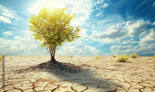 a single tree standing in a dry, cracked landscape under a bright sun, with a partly cloudy blue sky in the background.