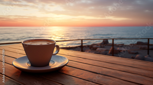 A cup of coffee on the table with an ocean view at sunset. 