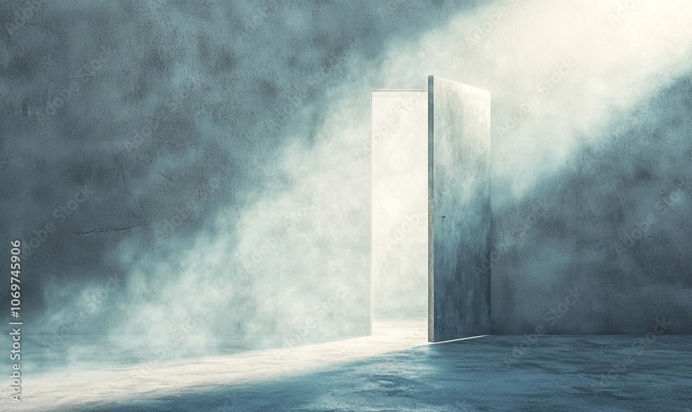 an open door with bright light streaming through it, illuminating a misty room. The atmosphere is mysterious and symbolic, evoking a sense of hope, opportunity, or transition. an open door with bright light streaming through it, illuminating a misty room. The atmosphere is mysterious and symbolic, evoking a sense of hope, opportunity, or transition.