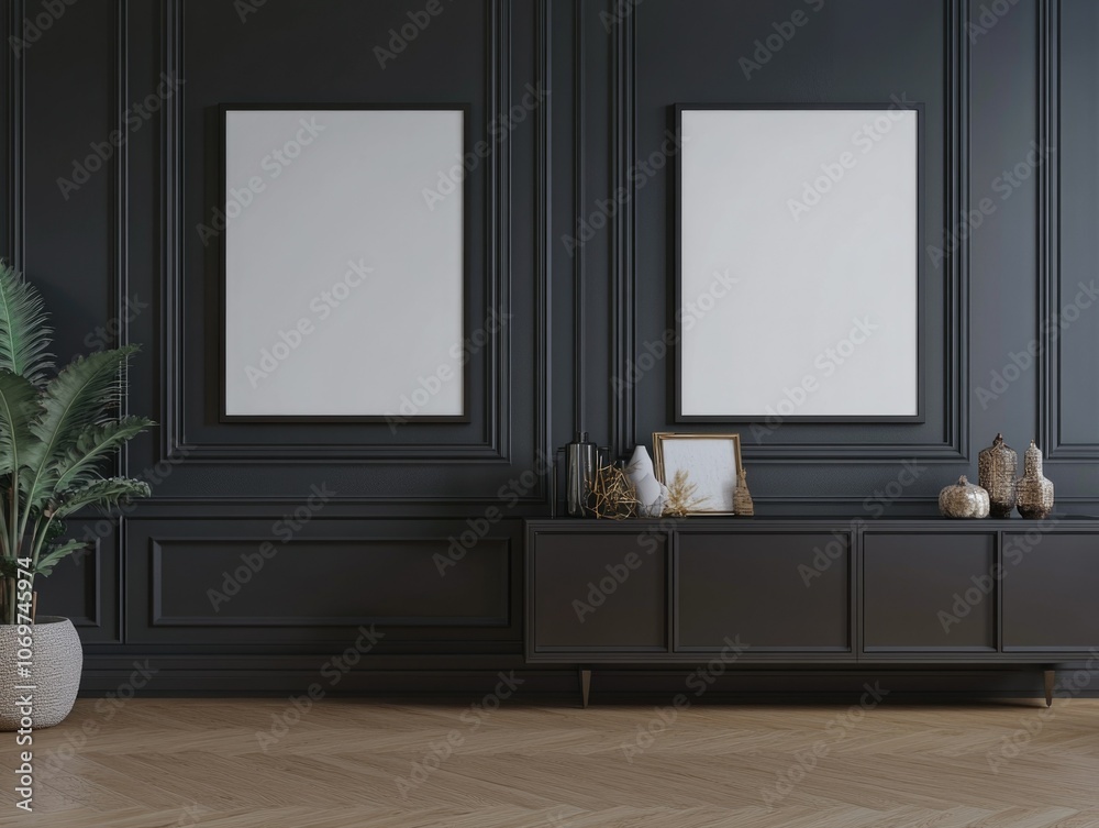 Elegant Black Accent Wall with Framed Mirrors and Wood Cabinet Elegant Black Accent Wall with Framed Mirrors and Wood Cabinet