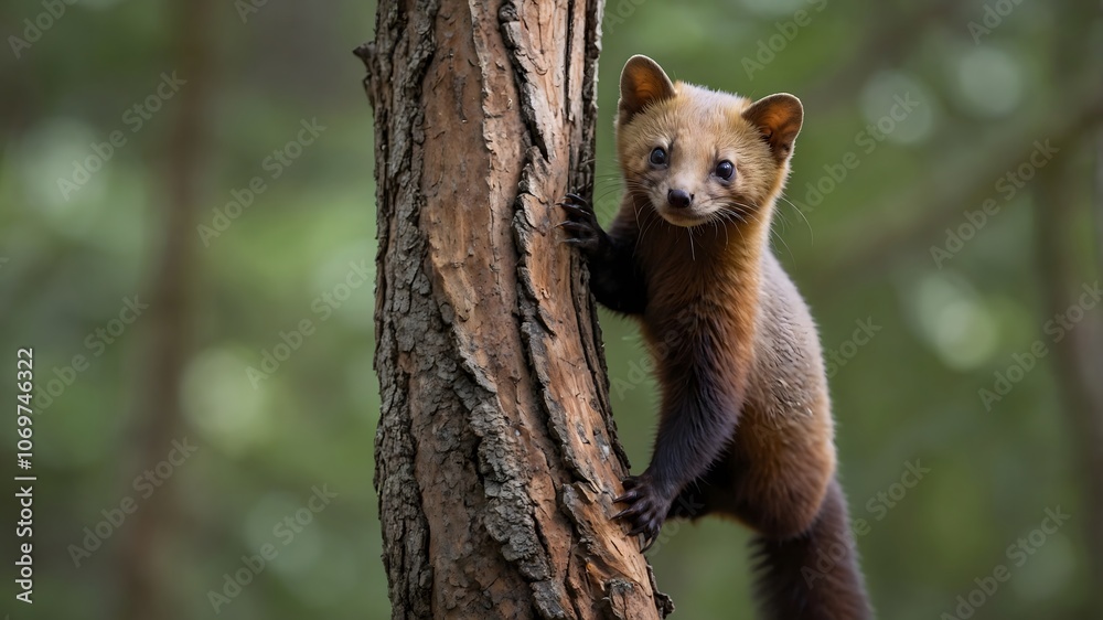 Fototapeta premium Summit Seeker: The Pine Marten's Mastery in the Trees