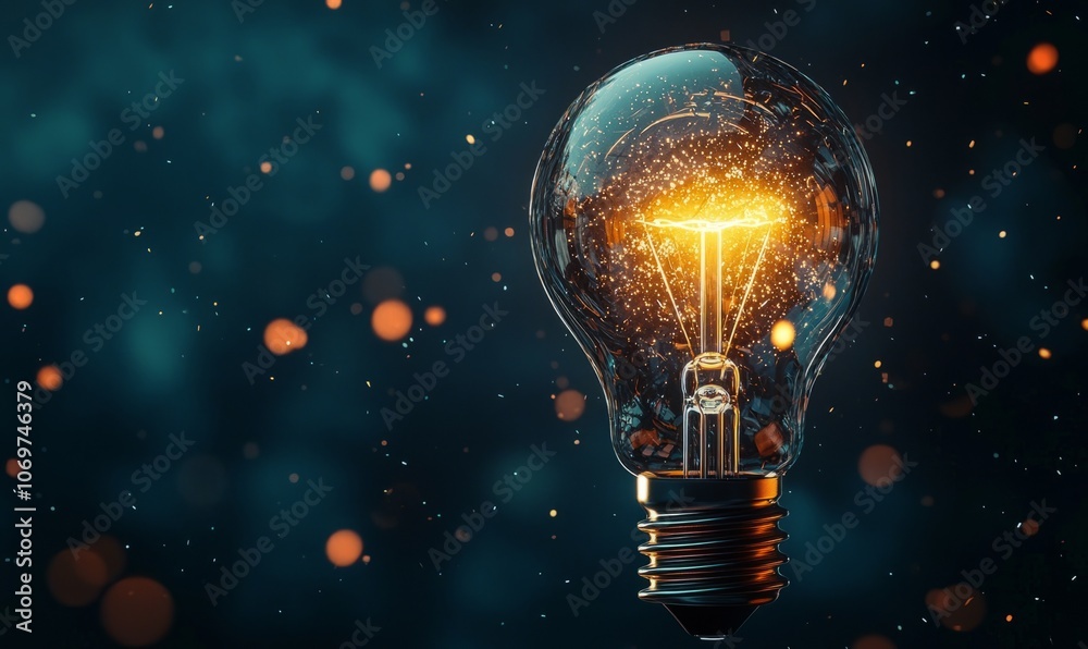 a glowing light bulb against a dark background, with bokeh lights surrounding it. The filament inside the bulb is illuminated, creating a warm glow, symbolizing creativity a glowing light bulb against a dark background, with bokeh lights surrounding it. The filament inside the bulb is illuminated, creating a warm glow, symbolizing creativity