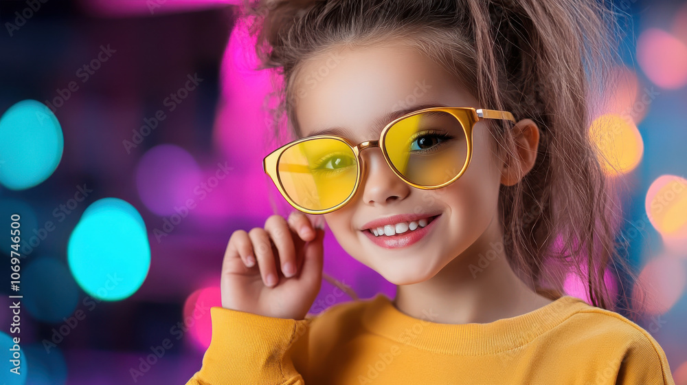 Fashionable young girl wearing yellow sunglasses, smiling brightly