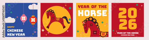 2026 chinese new year , Happy Chinese New Year 2026 with horses, lantern, New Year banners, posters, brochure, 2026 Lunar New Year