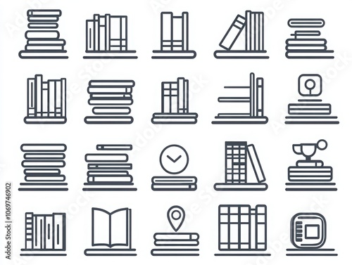 Collection of line icons depicting various books and book-related objects. photo