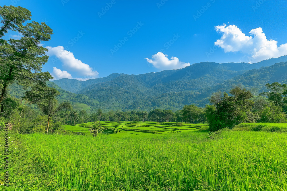 Obraz premium Stunning green terraced rice fields in mountain 