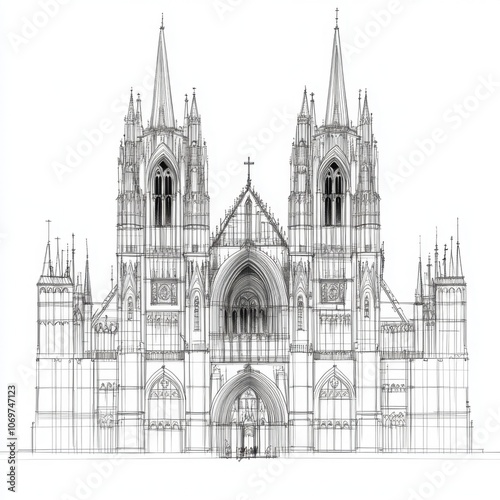 Intricate line drawing of a Gothic cathedral facade, detailed and symmetrical.