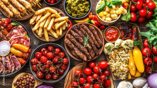 Mixed grilled platter with fries, vegetables, and dips