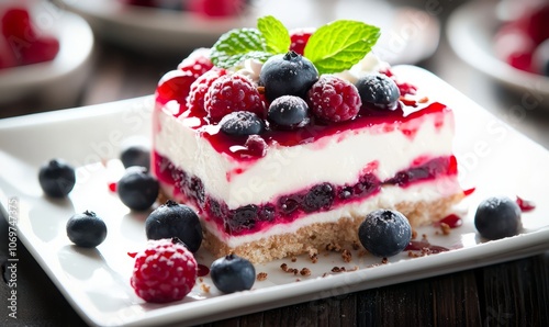 a slice of a berry cheesecake topped with fresh blueberries, raspberries, and a mint leaf. The dessert is served on a white plate, with layers of creamy cheese and berry 