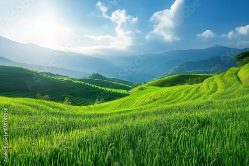Stunning green terraced rice fields in mountain  